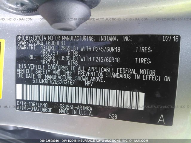 5TDJKRFH2GS263467 - 2016 TOYOTA HIGHLANDER XLE ვერცხლისფერი ფოტო 9