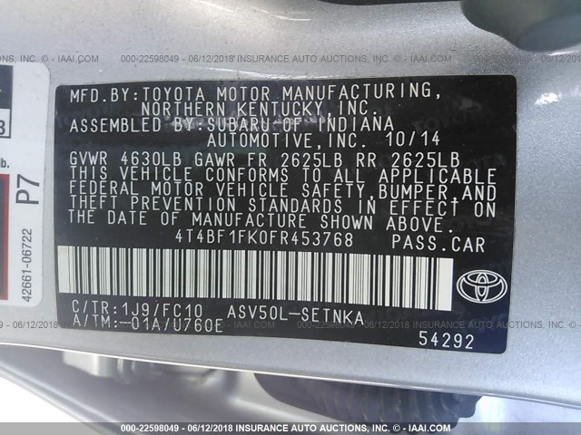 4T4BF1FK0FR453768 - 2015 TOYOTA CAMRY LE/XLE/SE/XSE SILVER photo 9