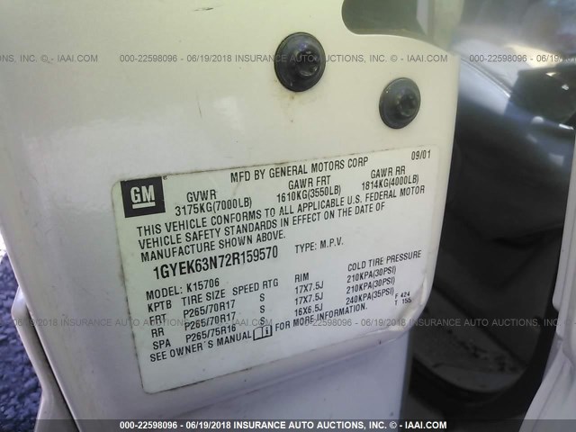 1GYEK63N72R159570 - 2002 CADILLAC ESCALADE LUXURY 白色 照片 9