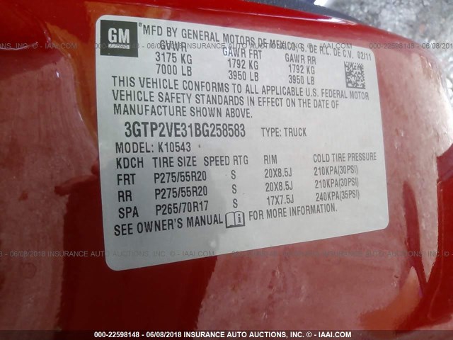 3GTP2VE31BG258583 - 2011 GMC SIERRA K1500 SLE RED photo 9