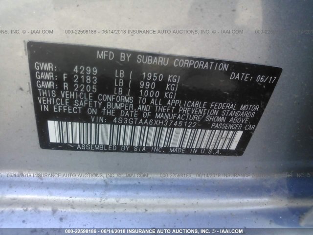 4S3GTAA6XH3745122 - 2017 SUBARU IMPREZA SILVER photo 9