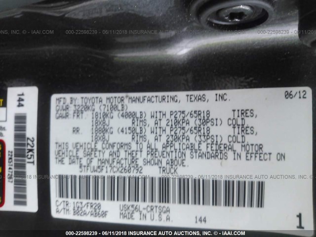 5TFUW5F17CX260792 - 2012 TOYOTA TUNDRA DOUBLE CAB SR5 GRAY photo 9