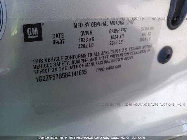 1G2ZF57B584141665 - 2008 PONTIAC G6 VALUE LEADER/BASE SILVER photo 9