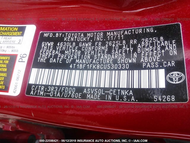 4T1BF1FK8CU530330 - 2012 TOYOTA CAMRY SE/LE/XLE RED photo 9