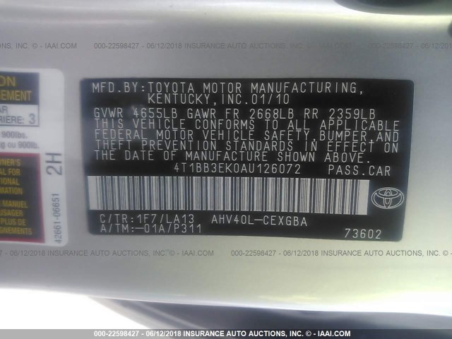 4T1BB3EK0AU126072 - 2010 TOYOTA CAMRY HYBRID SILVER photo 9