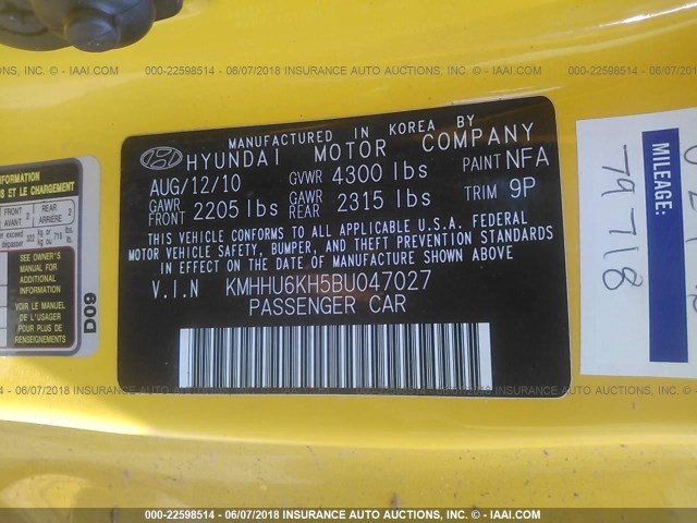 KMHHU6KH5BU047027 - 2011 HYUNDAI GENESIS COUPE 3.8L YELLOW photo 9