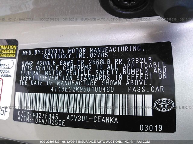 4T1BE32K95U100460 - 2005 TOYOTA CAMRY LE/XLE/SE ოქროსფერი ფოტო 9