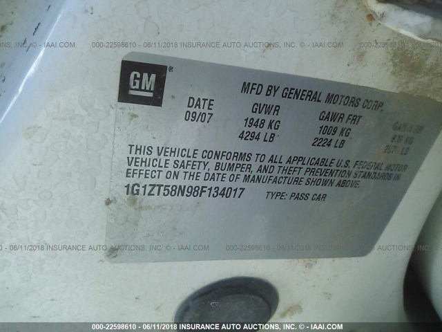 1G1ZT58N98F134017 - 2008 CHEVROLET MALIBU LT/CLASSIC WHITE photo 9
