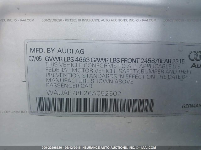 WAUAF78E26A052502 - 2006 AUDI A4 2/TURBO SILVER photo 9