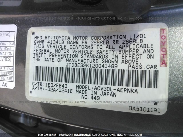 JTDBE32K120041489 - 2002 TOYOTA CAMRY LE/XLE/SE Boz foto 9
