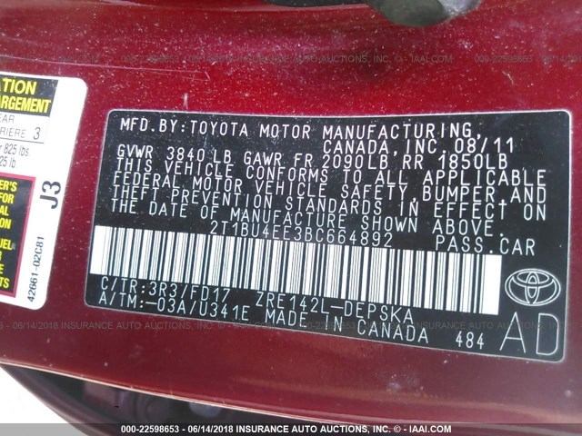 2T1BU4EE3BC664892 - 2011 TOYOTA COROLLA S/LE RED photo 9