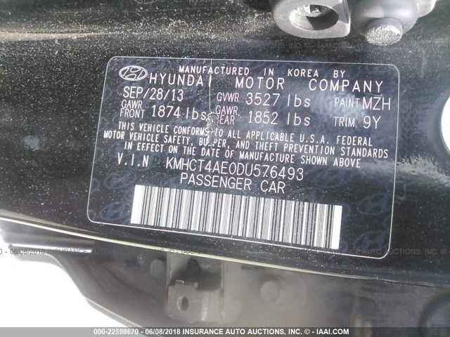 KMHCT4AE0DU576493 - 2013 HYUNDAI ACCENT GLS/GS BLACK photo 9