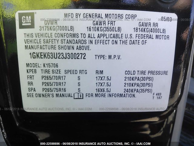 1GKEK63U23J300272 - 2003 GMC YUKON DENALI BLACK photo 9