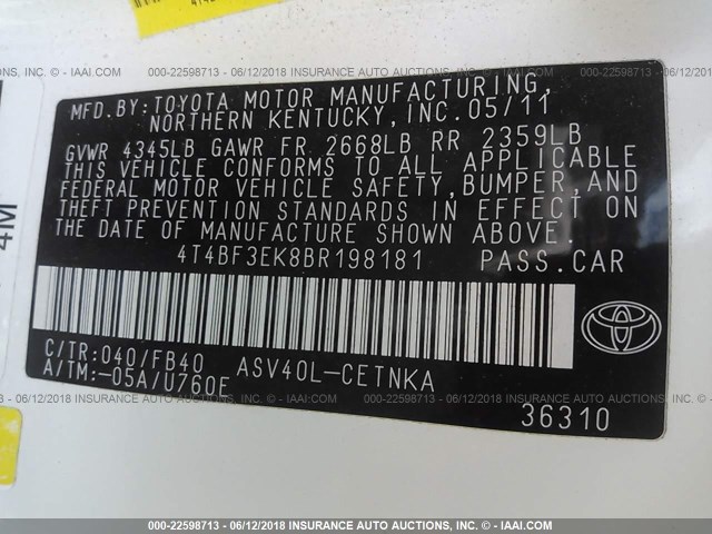 4T4BF3EK8BR198181 - 2011 TOYOTA CAMRY SE/LE/XLE WHITE photo 9