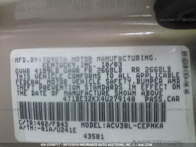 4T1BE32KX4U279140 - 2004 TOYOTA CAMRY LE/XLE/SE შამპანური ფოტო 9