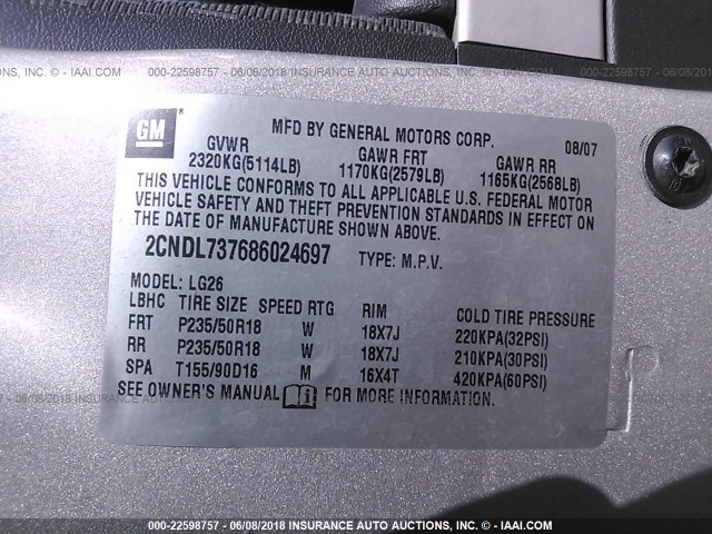 2CNDL737686024697 - 2008 CHEVROLET EQUINOX SPORT SILVER photo 9