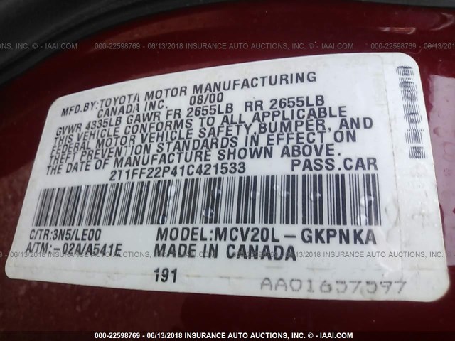 2T1FF22P41C421533 - 2001 TOYOTA CAMRY SOLARA SE/SLE Қызыл фото 9