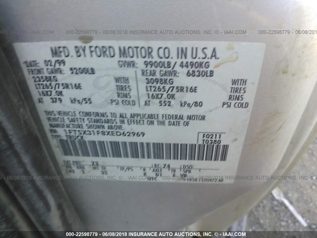 1FTSX31F8XED62969 - 1999 FORD F350 SRW SUPER DUTY SILVER photo 9