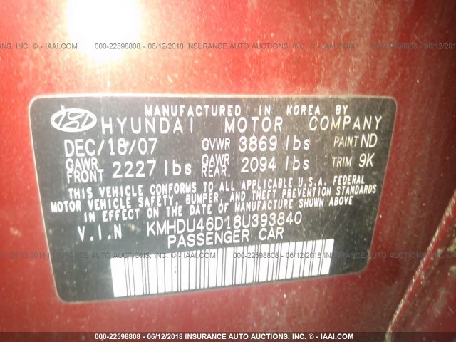 KMHDU46D18U393840 - 2008 HYUNDAI ELANTRA GLS/SE/LIMITED RED photo 9