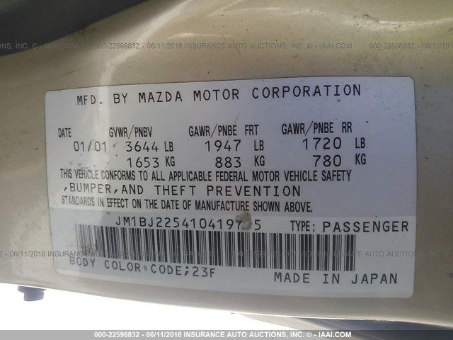 JM1BJ225410419755 - 2001 MAZDA PROTEGE LX/ES ოქროსფერი ფოტო 9