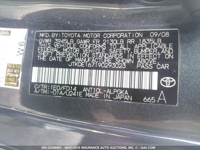 JTKDE167190293023 - 2009 TOYOTA SCION TC 灰色 照片 9