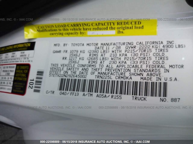 5TETX22N29Z645002 - 2009 TOYOTA TACOMA ACCESS CAB Weiß Foto 9