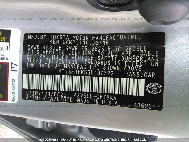 4T1BF1FK5GU197722 - 2016 TOYOTA CAMRY LE/XLE/SE/XSE SILVER photo 9