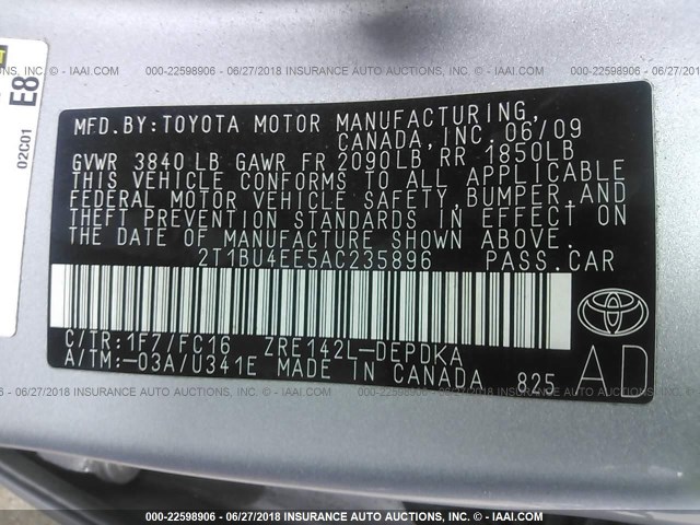 2T1BU4EE5AC235896 - 2010 TOYOTA COROLLA S/LE/XLE SILVER photo 9