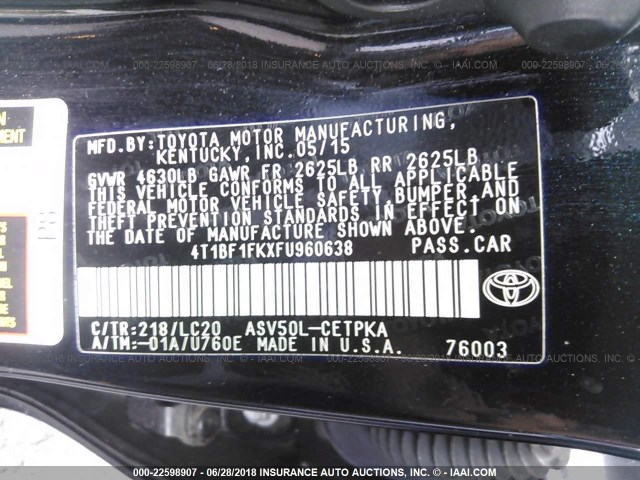 4T1BF1FKXFU960638 - 2015 TOYOTA CAMRY LE/XLE/SE/XSE BLACK photo 9