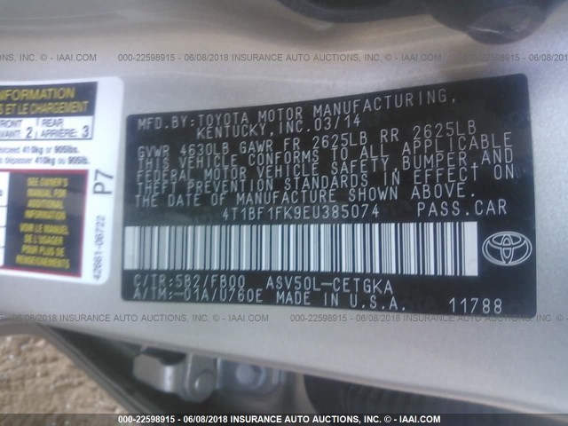 4T1BF1FK9EU385074 - 2014 TOYOTA CAMRY L/SE/LE/XLE თაფლისფერი ფოტო 9