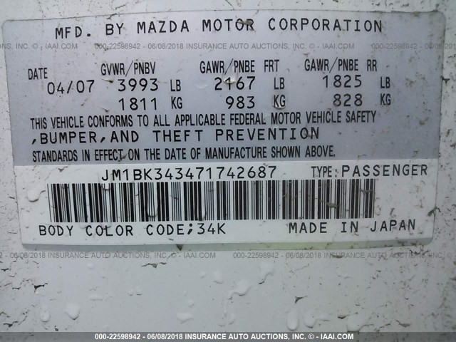 JM1BK343471742687 - 2007 MAZDA 3 HATCHBACK WHITE photo 9