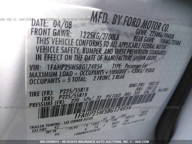 1FAHP25W58G174954 - 2008 FORD TAURUS LIMITED WHITE photo 9