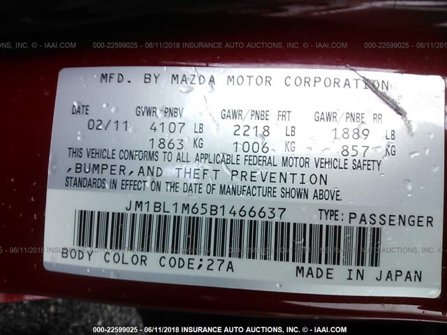 JM1BL1M65B1466637 - 2011 MAZDA 3 S RED photo 9