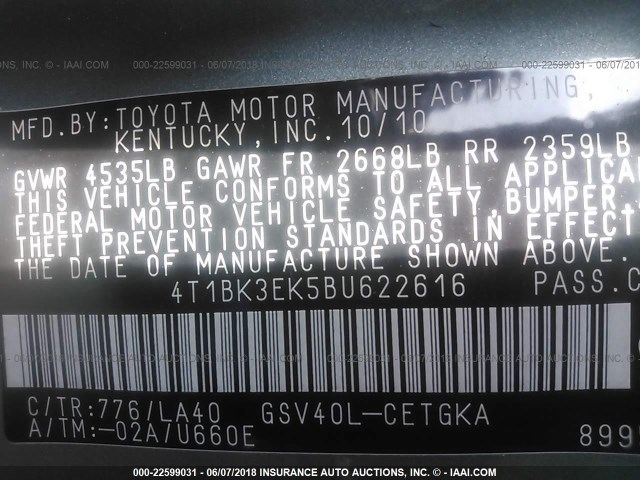4T1BK3EK5BU622616 - 2011 TOYOTA CAMRY SE/LE/XLE GREEN photo 9