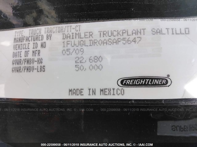 1FUJGLDR0ASAP5647 - 2010 FREIGHTLINER CASCADIA 125  BLACK photo 10
