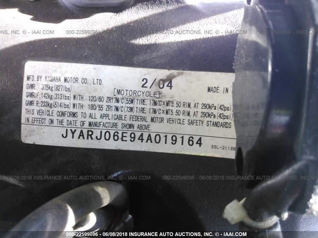 JYARJ06E94A019164 - 2004 YAMAHA YZFR6 L ORANGE photo 10