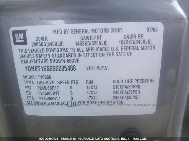 1GNET16S656205488 - 2005 CHEVROLET TRAILBLAZER EXT LS/EXT LT GRAY photo 9