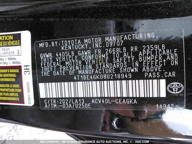 4T1BE46K08U218949 - 2008 TOYOTA CAMRY CE/LE/XLE/SE BLACK photo 9