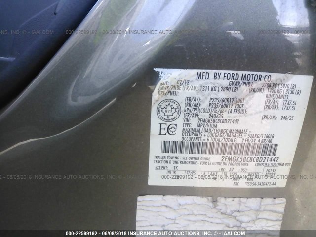 2FMGK5BC8CBD21442 - 2012 FORD FLEX SE GRAY photo 9