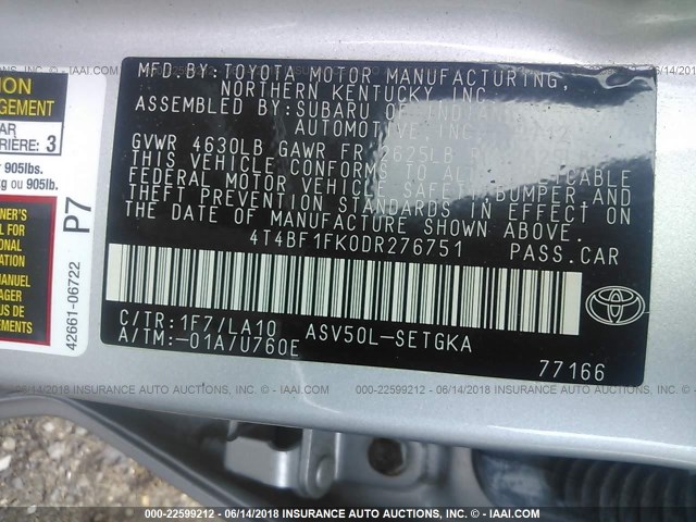 4T4BF1FK0DR276751 - 2013 TOYOTA CAMRY L/SE/LE/XLE SILVER photo 9