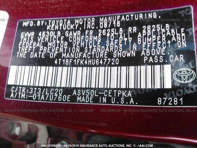 4T1BF1FK4HU647720 - 2017 TOYOTA CAMRY LE/XLE/SE/XSE RED photo 9