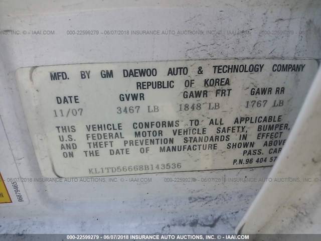 KL1TD56668B143536 - 2008 CHEVROLET AVEO LS WHITE photo 9