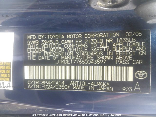 JTKDE177650043897 - 2005 TOYOTA SCION TC BLUE photo 9