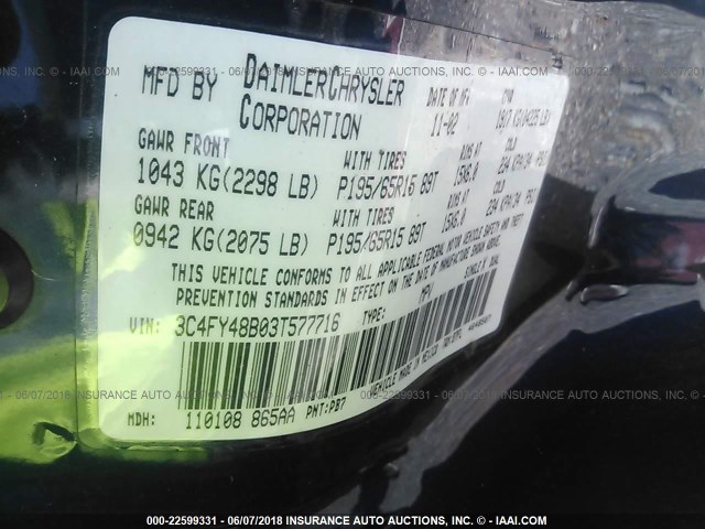 3C4FY48B03T577716 - 2003 CHRYSLER PT CRUISER CLASSIC 蓝色 照片 9