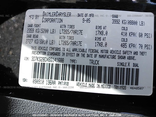 3D7KS28DX6G141688 - 2006 DODGE RAM 2500 ST/SLT 黑色 照片 9