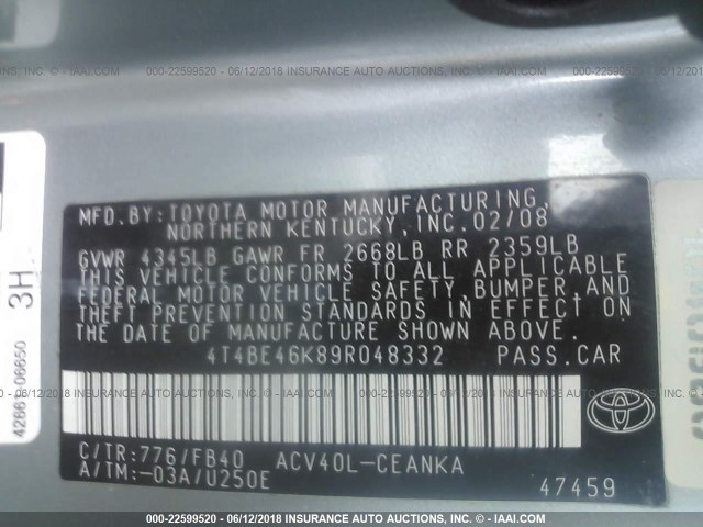 4T4BE46K89R048332 - 2009 TOYOTA CAMRY SE/LE/XLE 绿色 照片 9