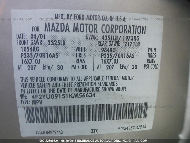 4F2YU09151KM56634 - 2001 MAZDA TRIBUTE LX/ES 棕色 照片 9