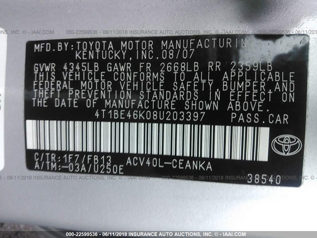 4T1BE46K08U203397 - 2008 TOYOTA CAMRY CE/LE/XLE/SE SILVER photo 9