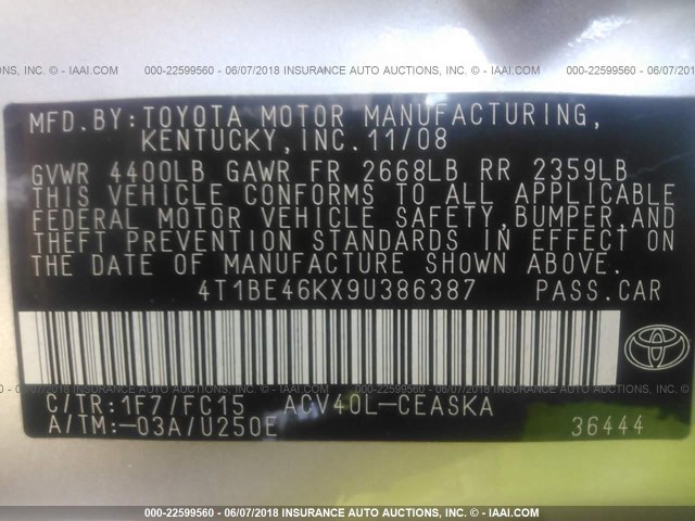 4T1BE46KX9U386387 - 2009 TOYOTA CAMRY SE/LE/XLE SILVER photo 9