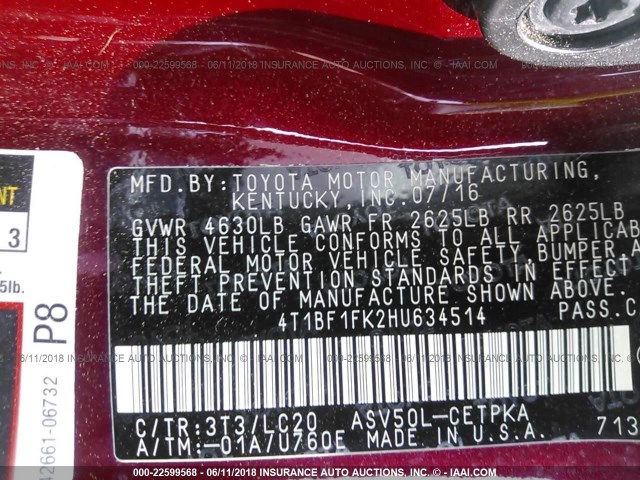 4T1BF1FK2HU634514 - 2017 TOYOTA CAMRY LE/XLE/SE/XSE RED photo 9